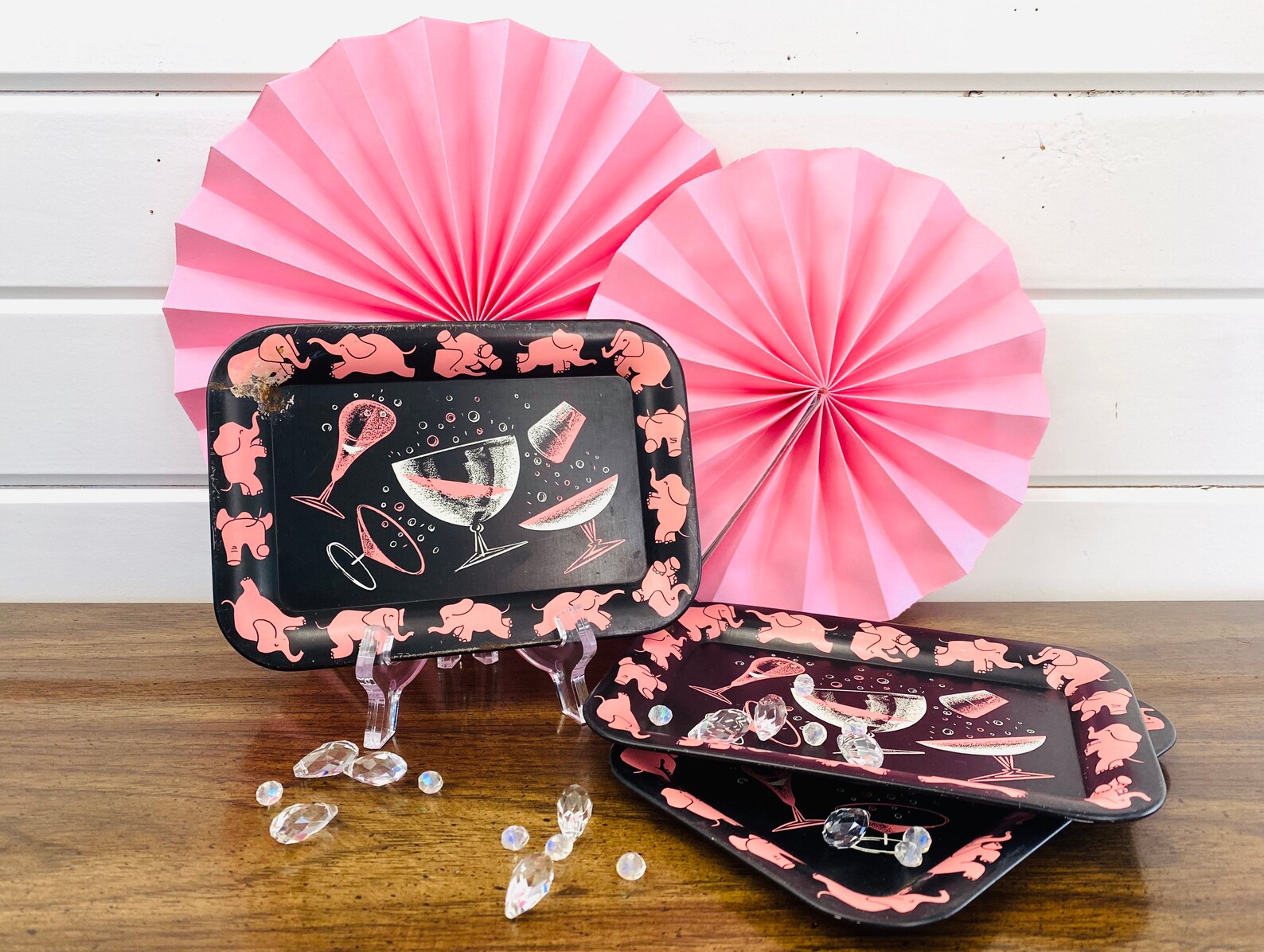 Set of 3 Vintage Black Metal Snack Trays With Pink Elephant & Etsy