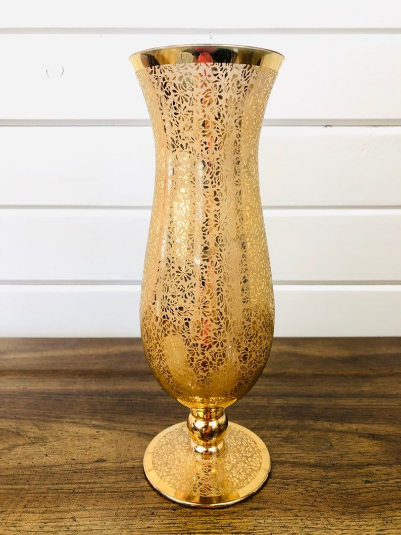 Vintage Gold Glass Pedestal Vase With Floral Detail Etsy