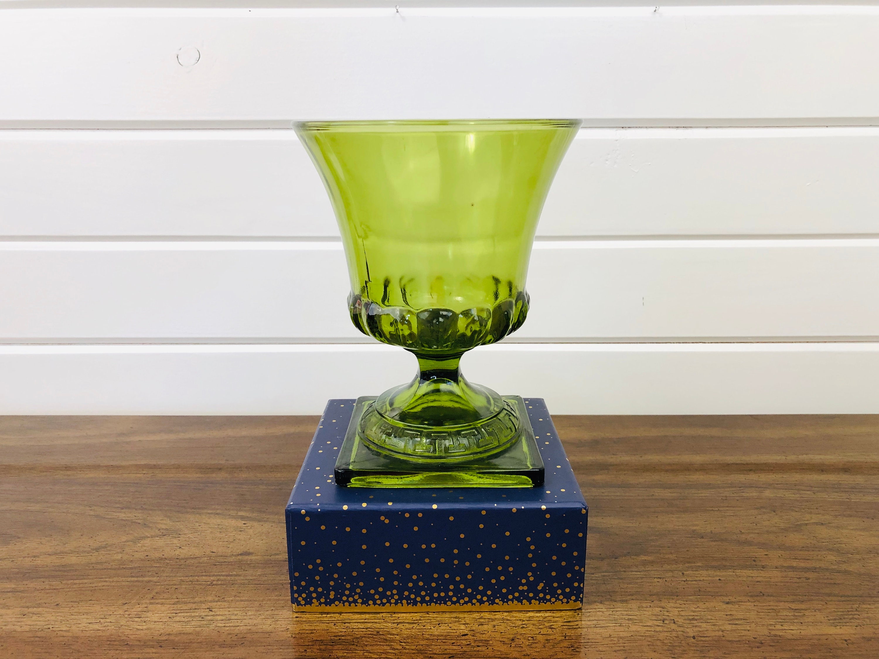 Vintage Mossy Green Glass Large Goblet Vase With Greek Key Etsy