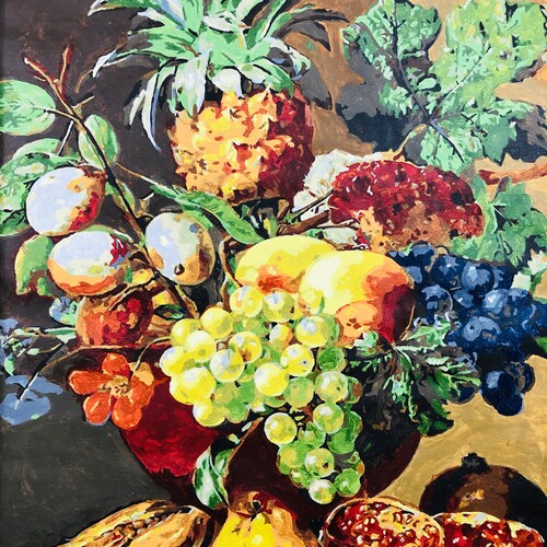 Vintage Acrylic Painting Of A Basket Of Fruit Framed In Wooden Gold