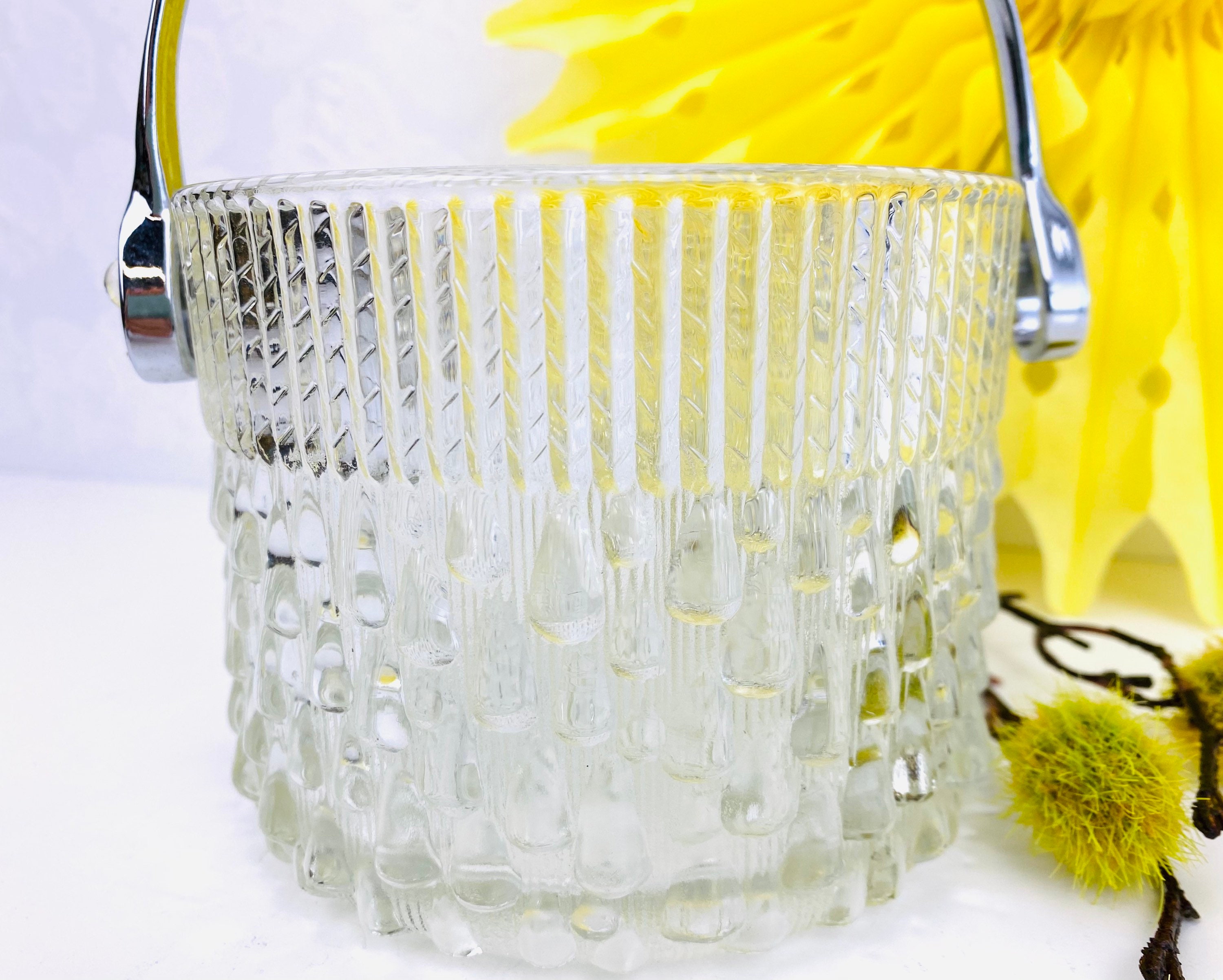 Vintage Clear Glass Ice Bucket With Tear Drop Textured Etsy