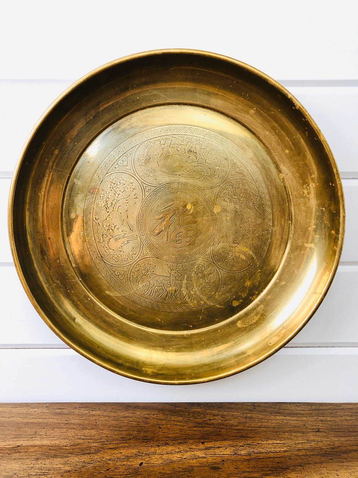 Vintage Solid Brass Round Serving Tray With Asian Style Etsy