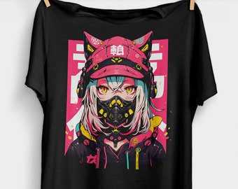 Cyberpunk Anime Girl T-Shirt | Futuristic Techwear Aesthetic | Japanese Harajuku Clothing | Kawaii Manga Shirt | Japanese Streetwear