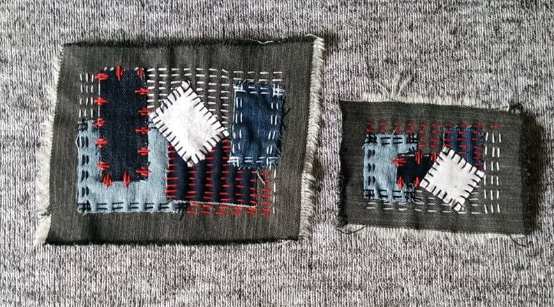 Visible mending clothes Geometric ornament Textile art patches Japanese embroidery slow stitched Set of 2 embroidered denim sew on patch