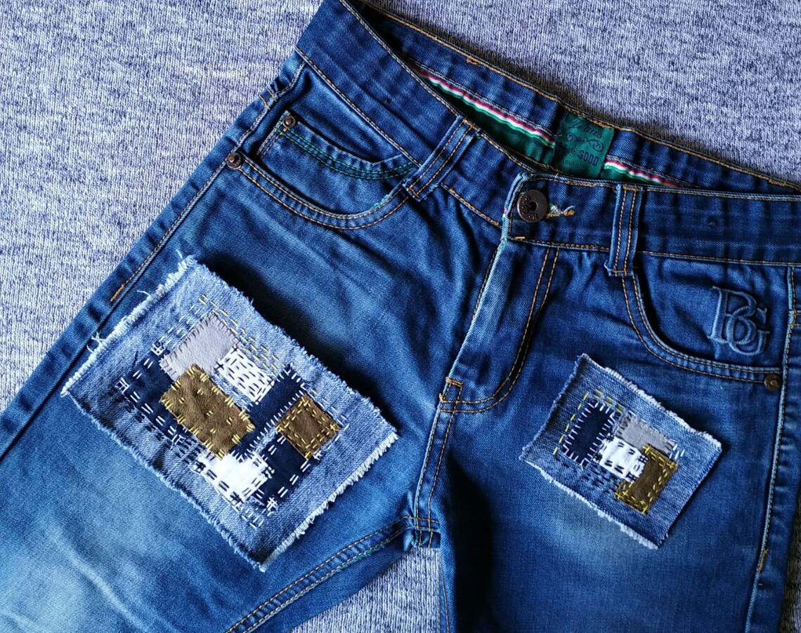 Set of 2 embroidered denim sew on patch Textile art patches Etsy