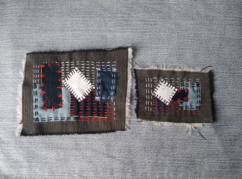 Visible mending clothes Geometric ornament Textile art patches Japanese embroidery slow stitched Set of 2 embroidered denim sew on patch