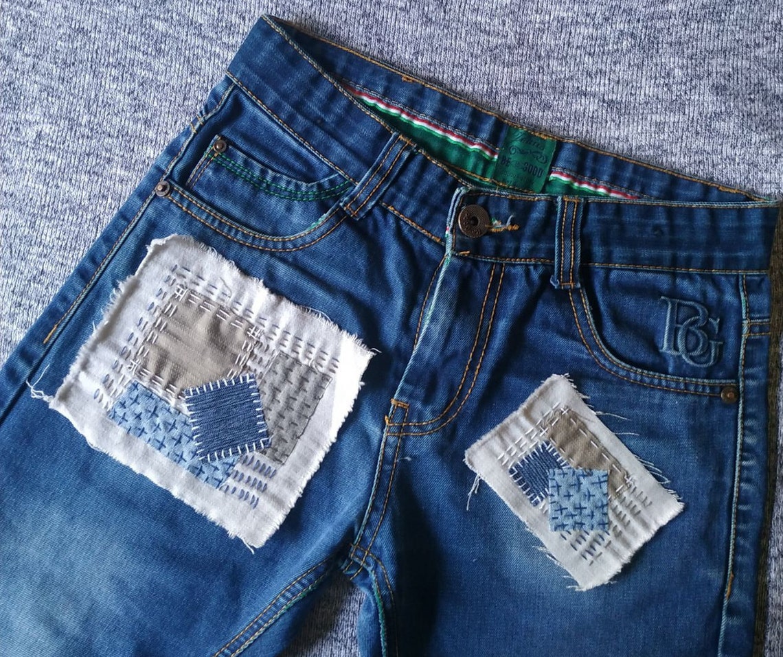 Set of 2 embroidered denim sew on patch Textile art patches Etsy