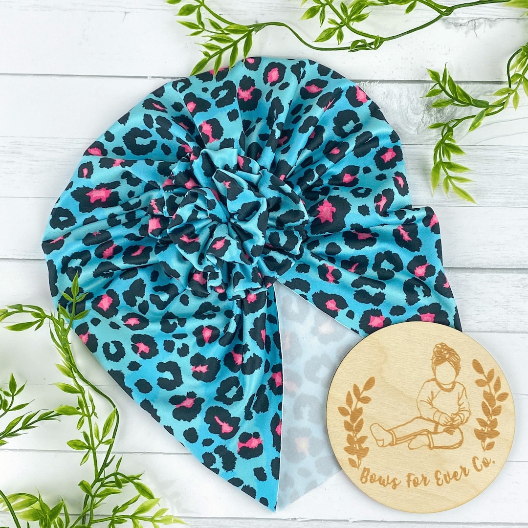 Aqua Cheetah Swim Turban Bow Turban Sun Hat Baby Headwrap Beach Wear