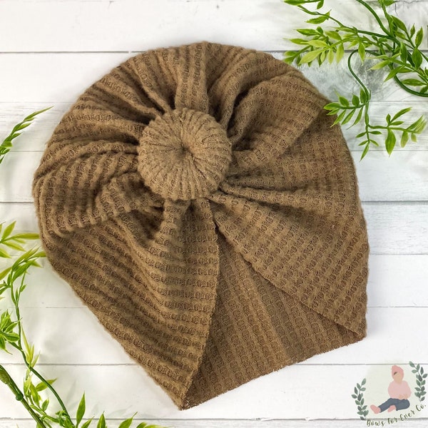 Chocolate Brushed Waffle Knit Turban | Top Knot | Messy Bow | Newborn Hat | Baby Headwrap | Coming Home | Minikane | Adult Turban