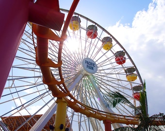 Ferris Wheel Print, Santa Monica Pier Ferris Wheel and Rollercoaster, Santa Monica Wall Art, California Travel Photography