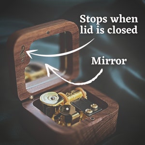 Wind up music box with mirror and stopper plays custom melody  - Donuma