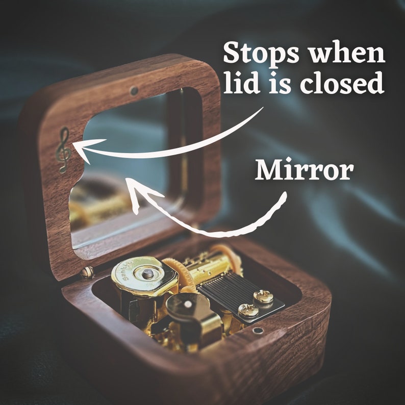 Wind up music box with mirror and stopper plays custom melody  - Donuma