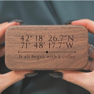 Special Place Coordinates Engraved in a Wooden Ring Music Box | Custom Ring Box | Engagement Proposal Wedding Ring Box with Melody
