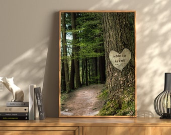 Personalized Tree Carving Poster | Custom Text on Forest Tree Trunk | Digital, Unframed, Framed