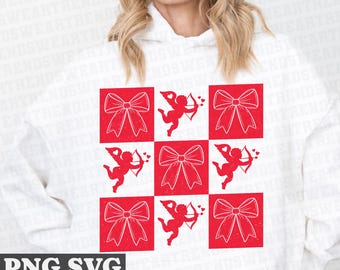 Retro geruit Valentijnsdag Coquette Bow Png, Coquette Bow Heart Png, Valentine Bow Png, Png sublimatie ontwerp, digitale download