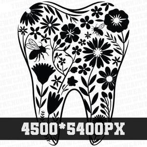May include: Black and white silhouette of a tooth with a floral design. The tooth is surrounded by flowers, leaves, and bees. The image is 4500 pixels by 5400 pixels.
