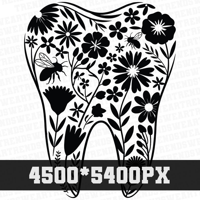 May include: Black and white silhouette of a tooth with a floral design. The tooth is surrounded by flowers, leaves, and bees. The image is 4500 pixels by 5400 pixels.