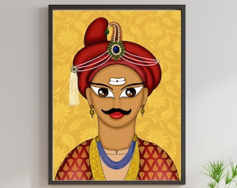 Arte Maratha Peshwa, Arte indio moderno, Arte boho, Arte digital, Arte de pared indio imprimible, Descarga digital instantánea, Hombre maharashtrian