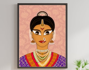 Arte Maratha Peshwin Bai, Arte indio moderno, Arte boho, Arte digital, Arte de pared indio imprimible, Descarga digital instantánea, Mujer maharashtrian
