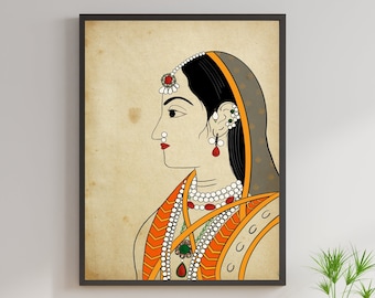 Rajput Royal Lady, Impresión de arte indio, Pintura en miniatura india, Dibujo lineal, Impresión antigua, Descarga digital instantánea