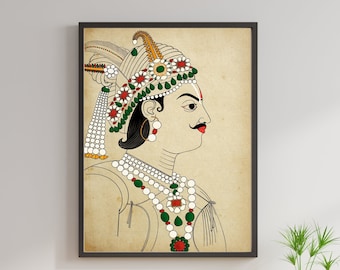 Rajput Royal Man, impresión de arte indio, pintura en miniatura india, dibujo lineal, impresión antigua, descarga digital instantánea
