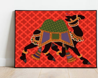 Impresión de arte de camello indio, arte mogol digital, arte de Rajasthani, arte de pared indio imprimible, pintura de camello, decoración descargable, arte de pared digital