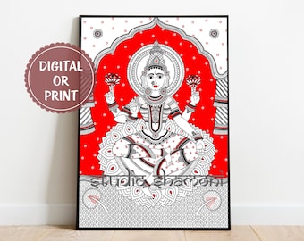 Laxmi, Lakshmi Painting, Lakshmi ji Art Print, Hindu Goddess, Kalamkari Art Style, Indian Art Print, Digital Download, Indian Wall Art