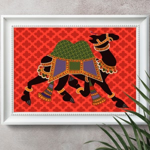 May include: A framed illustration of a black camel with colorful decorations on a red background with a repeating pattern.