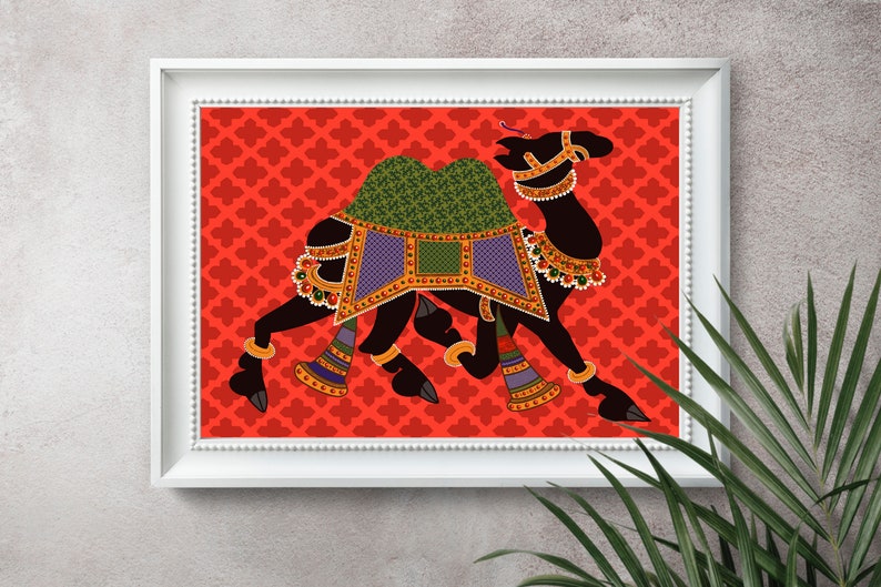 May include: A framed illustration of a black camel with colorful decorations on a red background with a repeating pattern.