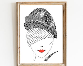 BW mujer arte impresión, digital descargar moda arte impresión, decoración de pared femenina, mujer imprimible arte de la pared, arte de la pared india, arte Zentangle