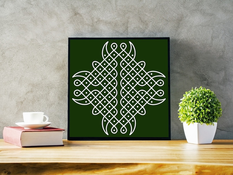May include: A white geometric design on a dark green background. The design is a traditional Indian rangoli pattern.