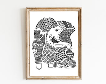 BW Art, Hindu God Ganesha, Lord Ganesha Art Print, Indian Wall Art, Digital Printable Wall Decor, Indian Gift for Wedding Housewarming Luck
