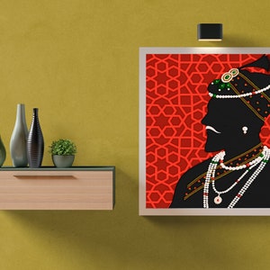 May include: A black and white silhouette of a person wearing a turban and jewelry against a red background with a geometric pattern. The person is facing to the right and has a mustache.