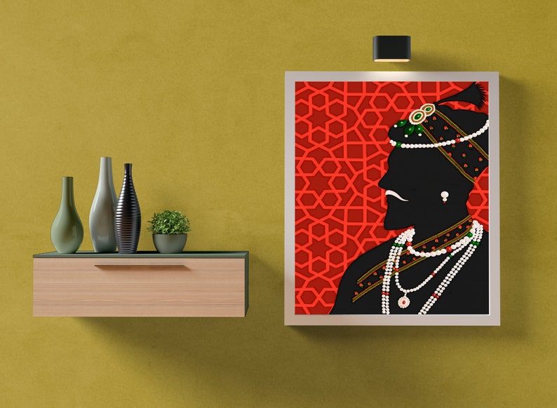 May include: A black and white silhouette of a person wearing a turban and jewelry against a red background with a geometric pattern. The person is facing to the right and has a mustache.