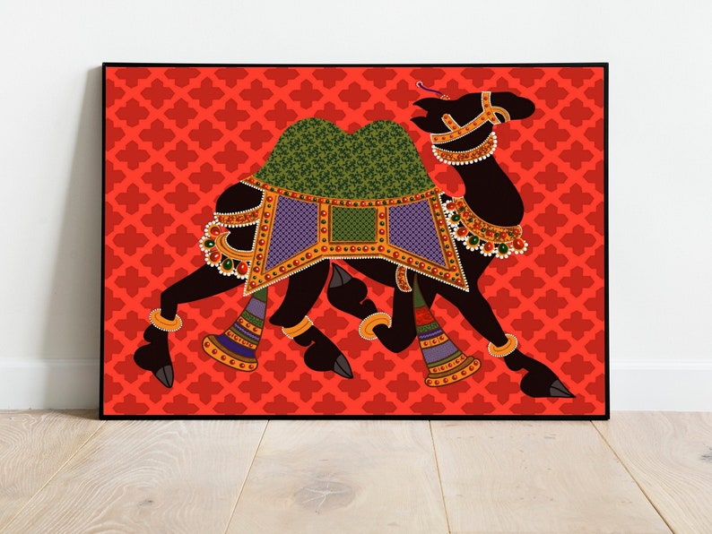 May include: A black silhouette of a camel decorated with colorful jewels and patterns against a red background with a repeating geometric design.