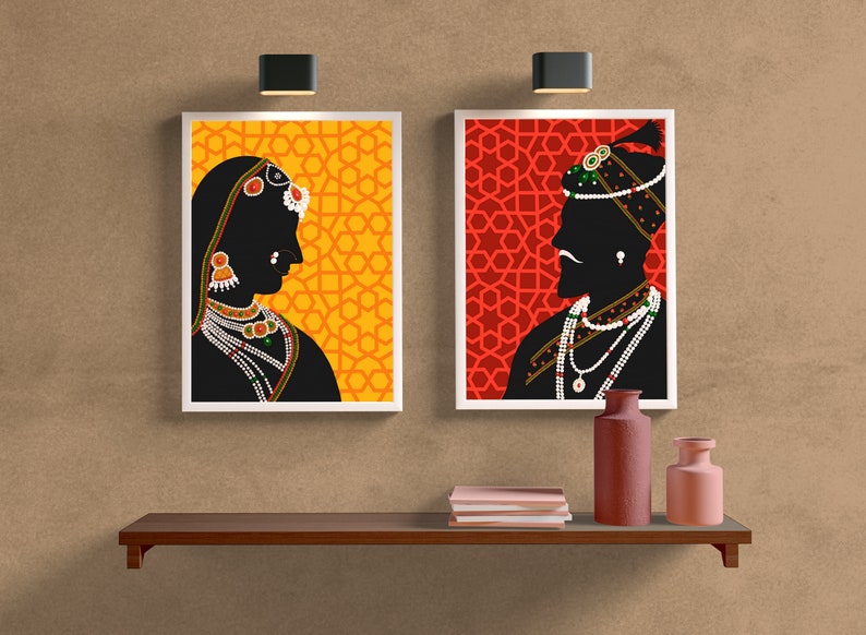 May include: Two framed silhouette portraits of a couple against a patterned background. The woman's portrait is on a yellow background with a geometric pattern. The man's portrait is on a red background with a geometric pattern.