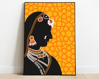 Impresión de arte de la dama real india, arte mogol digital, arte de la pared india imprimible, pintura de la mujer india, decoración descargable