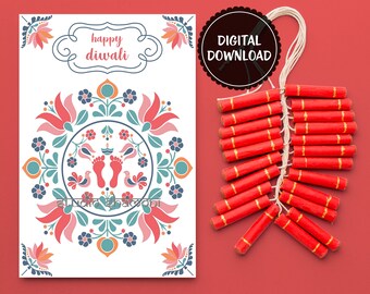 Diwali tarjeta de felicitación, diseño de Madhubani, tarjeta digital imprimible, pies laxmi, arte popular indio Madhubani, arte tradicional indio