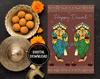 Diwali tarjeta de saludo, jamini Roy diseño, tarjeta feliz Diwali, tarjeta imprimible Diwali, tarjeta descargable con plantilla de sobre, arte popular indio