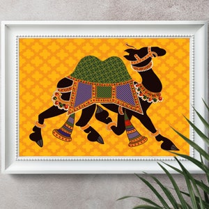 May include: A black silhouette of a camel decorated with colorful geometric patterns and jewels on a yellow background with a repeating pattern.