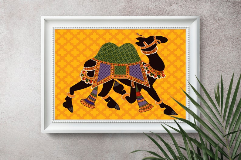May include: A black silhouette of a camel decorated with colorful geometric patterns and jewels on a yellow background with a repeating pattern.