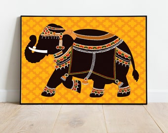 Impresión de arte de elefante indio, arte mogol digital, arte de pared indio imprimible, pintura de elefante, decoración descargable, arte de pared digital