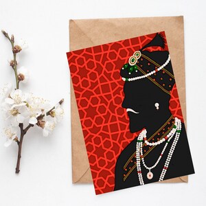 May include: A silhouette of a person wearing a turban and jewelry against a red background with a geometric pattern.