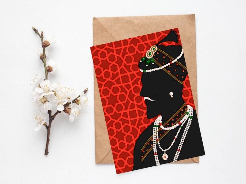 May include: A silhouette of a person wearing a turban and jewelry against a red background with a geometric pattern.