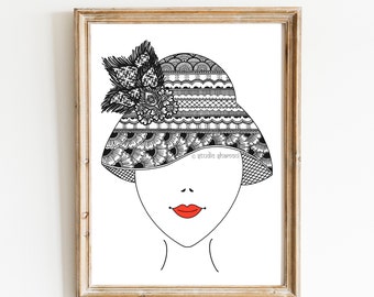 Mujer con papel de arte impresión, digital descargar impresión de arte de moda, decoración de pared femenina, mujer digital imprimible, arte de pared indio, arte Zentangle