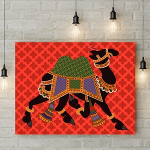 May include: A black silhouette of a camel decorated with colorful patterns and jewels on a red background with a repeating pattern.