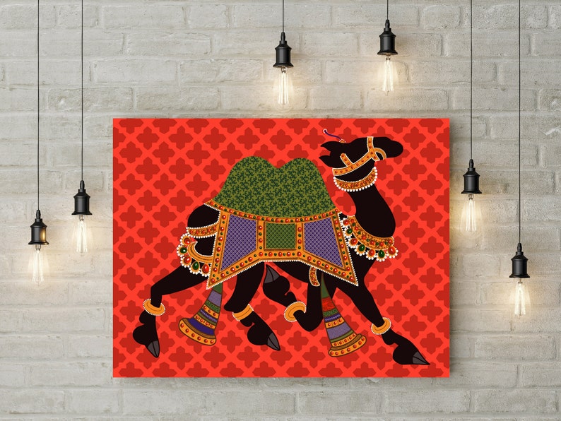 May include: A black silhouette of a camel decorated with colorful patterns and jewels on a red background with a repeating pattern.