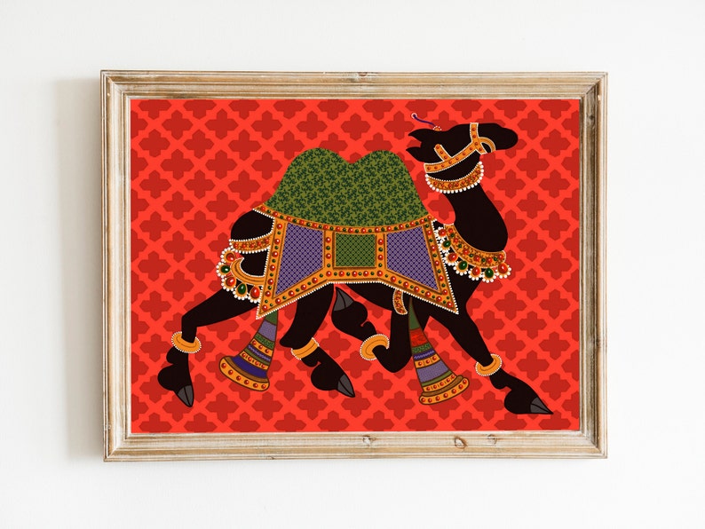 May include: A black camel silhouette with colorful decorations, including a green and purple saddle, on a red background with a repeating pattern.