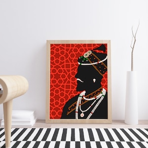 May include: A framed illustration of a silhouette of a person wearing a turban and jewelry against a red background with a geometric pattern.