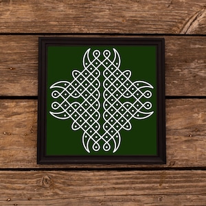May include: A framed green background with a white geometric design. The design is a traditional Indian rangoli pattern.